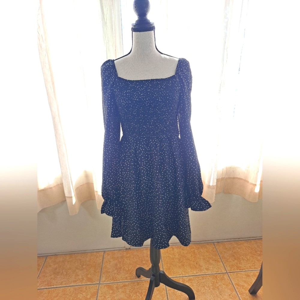 Exlura Elegant Black Polka Dot Dress, size Medium.